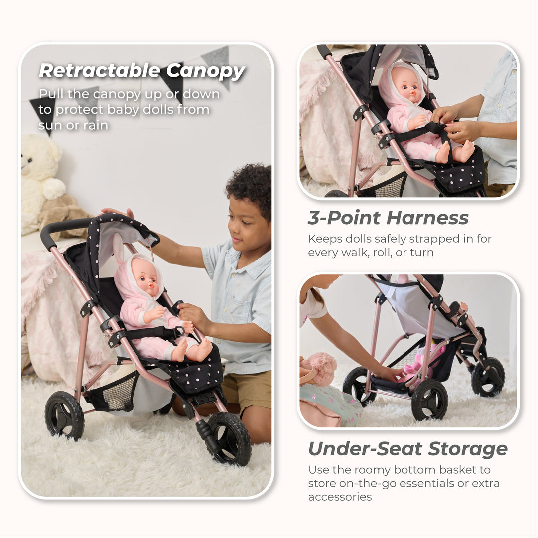15-18 Inch Baby Doll Stroller, Black - Pin Up Doll Jogging Stoller by Olivia's Little World