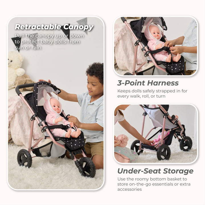 15-18 Inch Baby Doll Stroller, Black - Pin Up Doll Jogging Stoller by Olivia's Little World