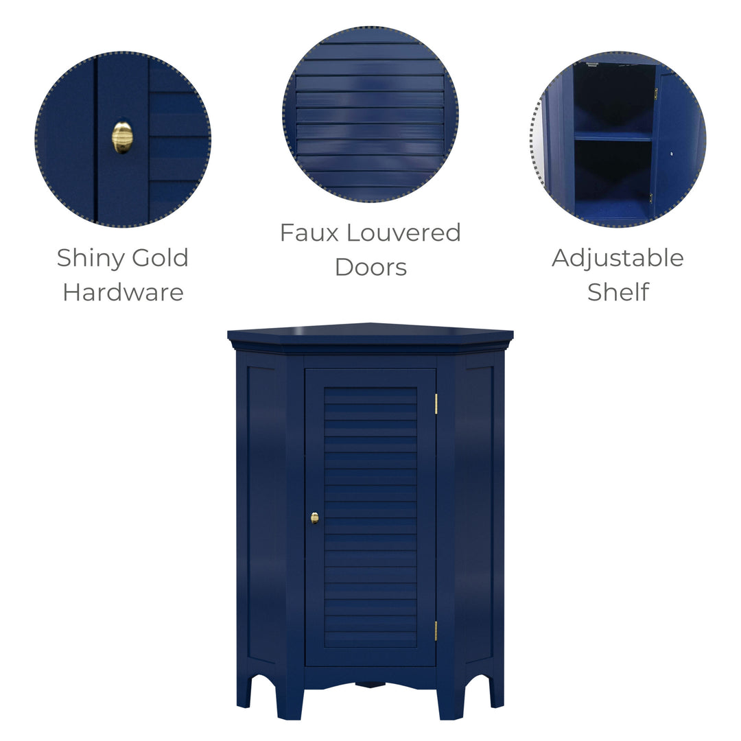 An infographic for a navy blue corner floor cabinet calling out gold knobs, faux louvered doors and adjustable shelves.