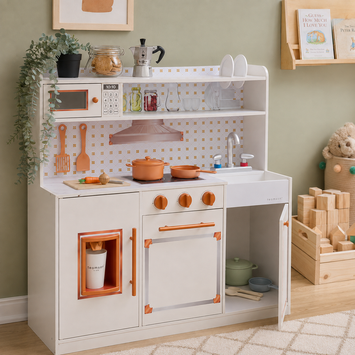 Teamson Kids Wooden Play Kitchen Set with 15 Accessories, Off-White, Retro-style Wooden Pretend Play Kitchen with Ice Dispenser, Oven, Microwave, Sink Little Chef St. Louis