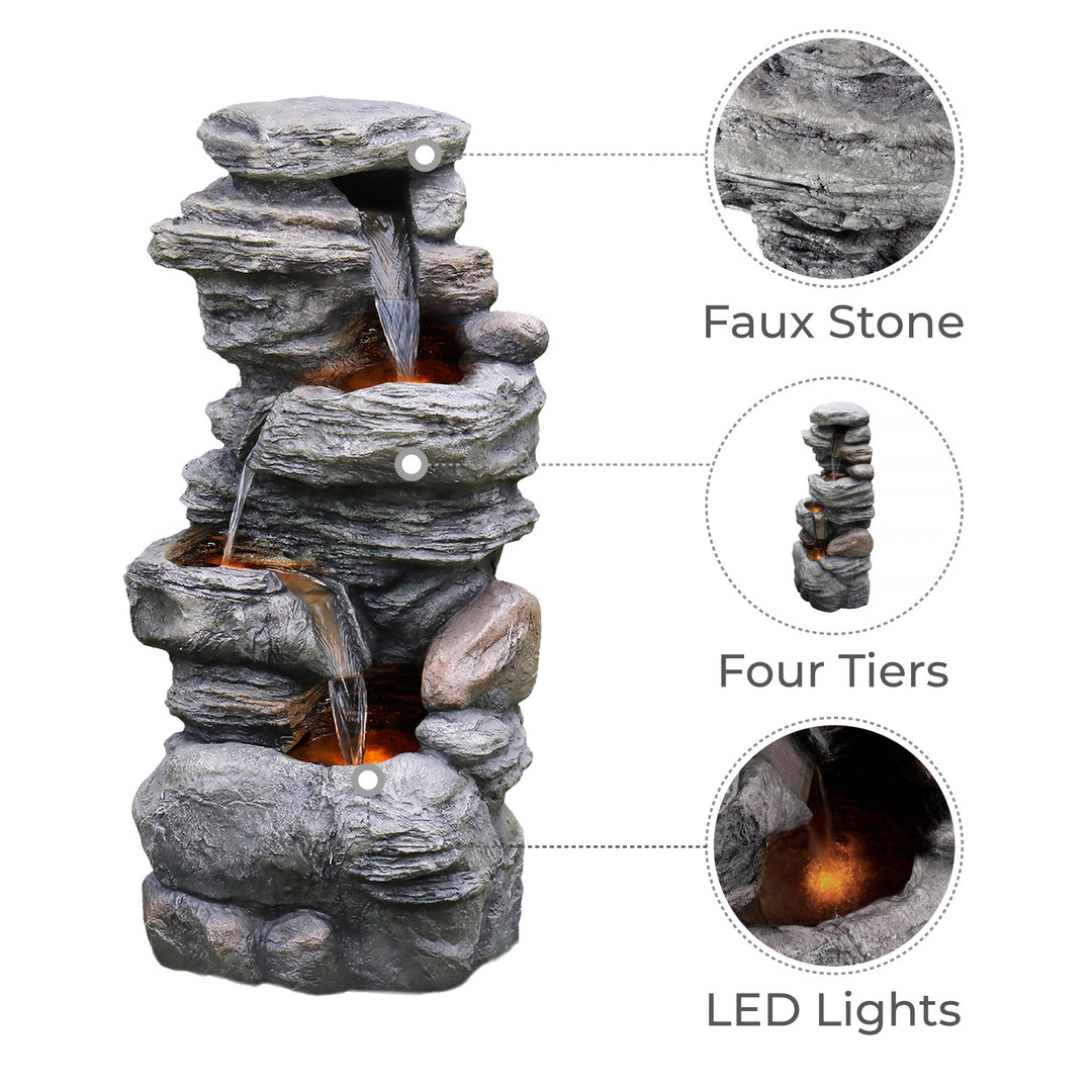 Teamson Home 39.37" Outdoor Faux Stone 4-Tier Water Fountain with LED, Gray