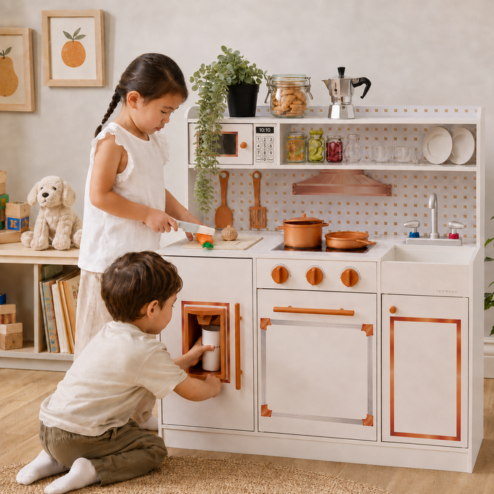 Teamson Kids Wooden Play Kitchen Set with 15 Accessories, Off-White, Retro-style Wooden Pretend Play Kitchen with Ice Dispenser, Oven, Microwave, Sink Little Chef St. Louis