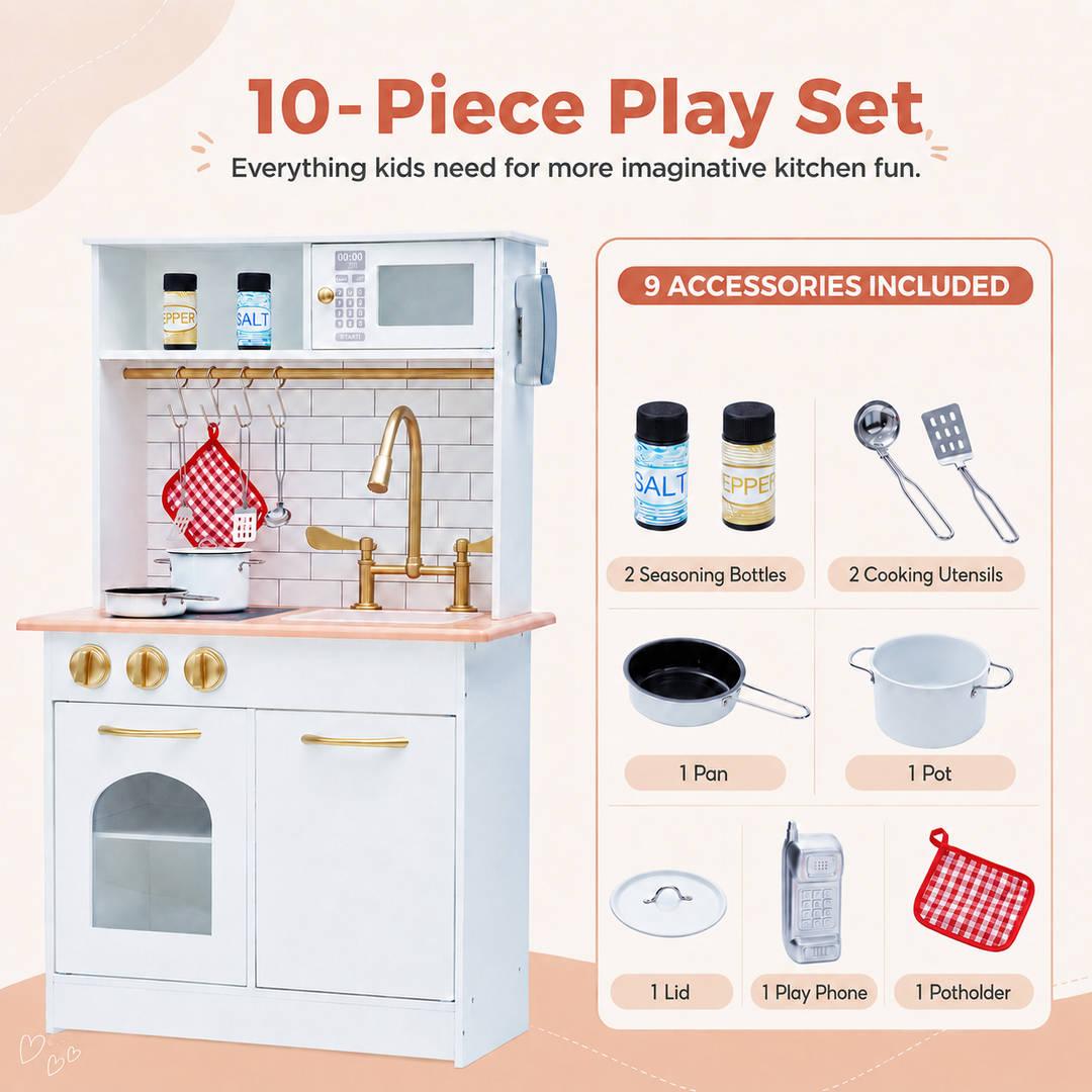 Teamson Kids Little Chef Boston Small Wooden Play Kitchen with Oven, Microwave, Sink, Clicking Knobs, Utensil Hooks, Storage Shelf and 9 Accessories