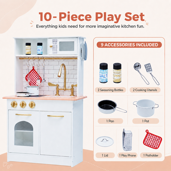 Teamson Kids Little Chef Boston Small Wooden Play Kitchen with Oven, Microwave, Sink, Clicking Knobs, Utensil Hooks, Storage Shelf and 9 Accessories