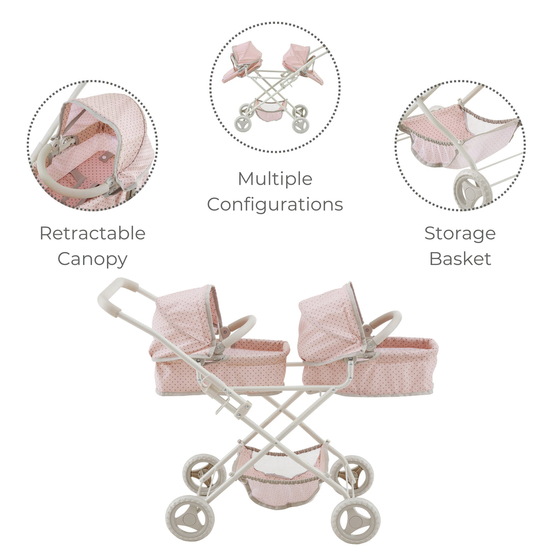 pink double doll stroller Olivia's Little World Polka Dot Princess Baby Doll Double Bassinet Str – US