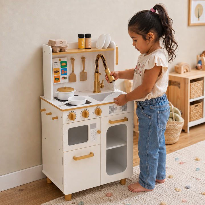Teamson Kids Wooden Play Kitchen Set with 16 Accessories, Extendable Faucet, White and Gold Compact Wooden Play Kitchen, Oven, Sink, Clicking Knobs, Shelves and Storage Little Chef Memphis