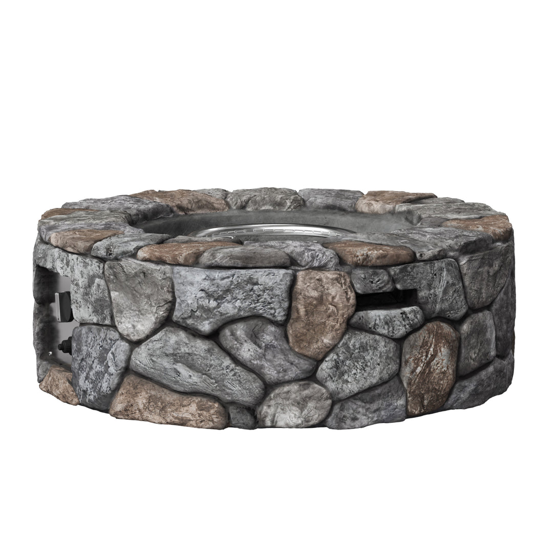 A view of the electric ignition and handle on round faux stone gas fire pit