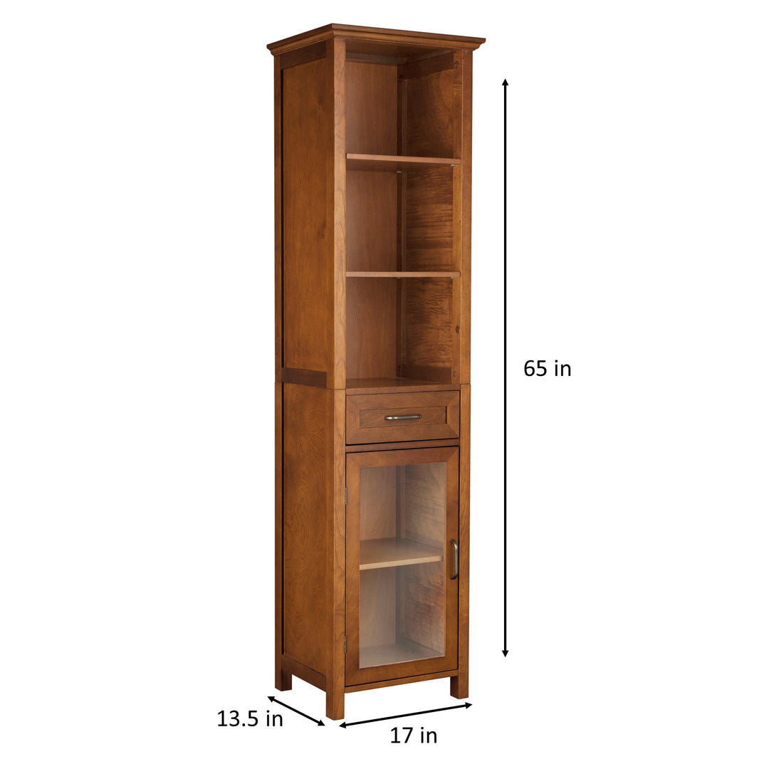 Dimensional graphic of a tall brown linen cabinet in inches and centimeters