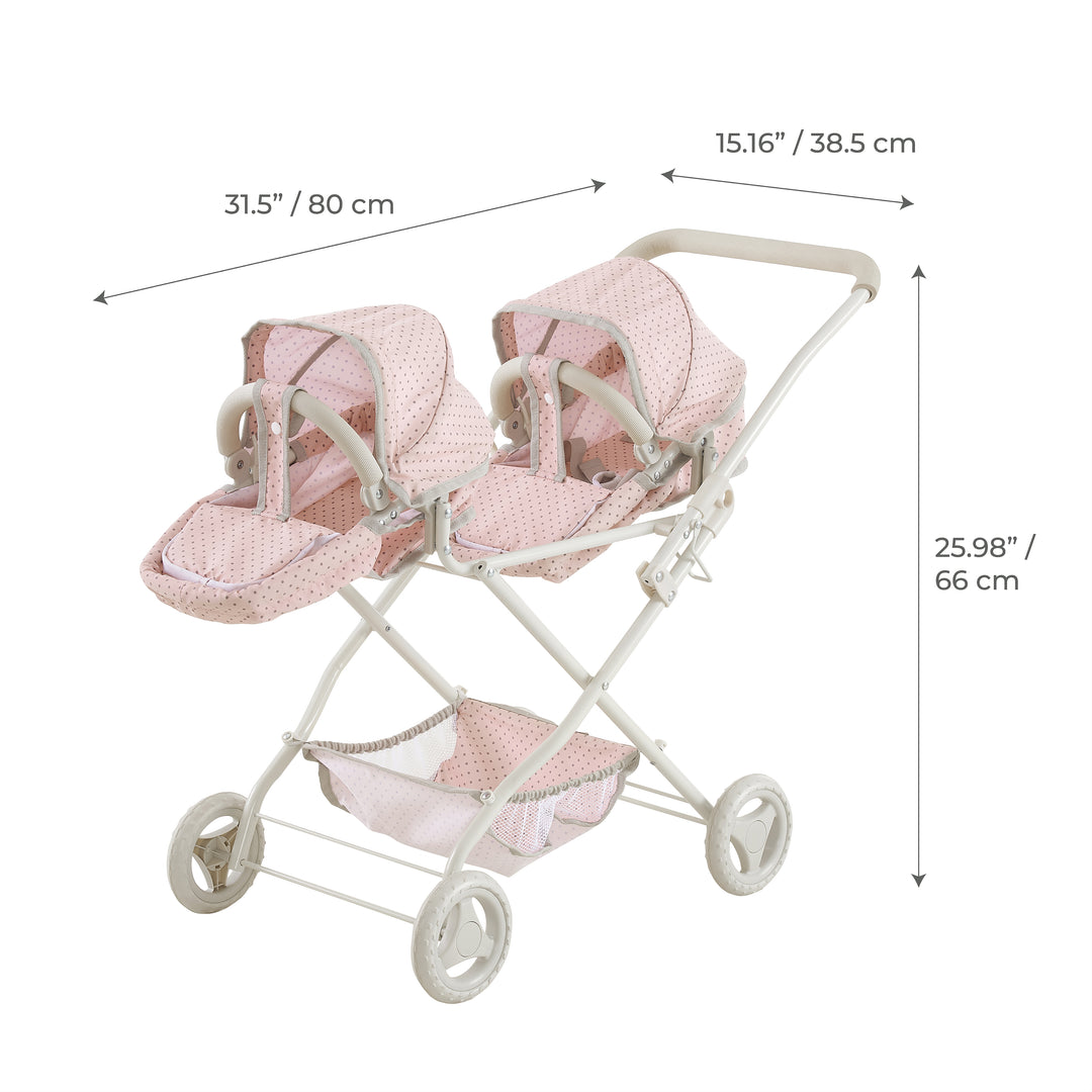 An infographic for a pink double bassinet baby stroller measured in inches and centimeters
