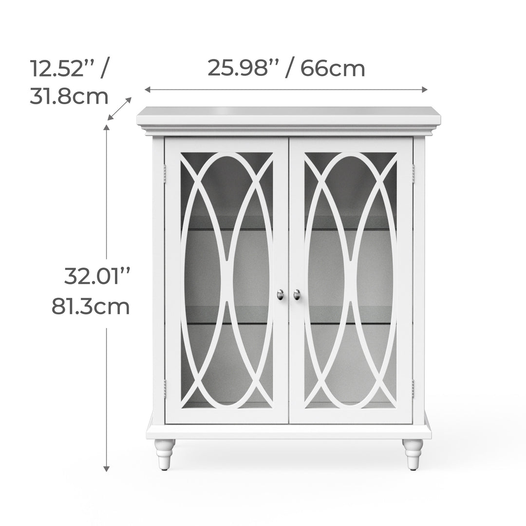 Dimensional graphic of a white floor cabinet with two decorative glass doors in inches and centimeters