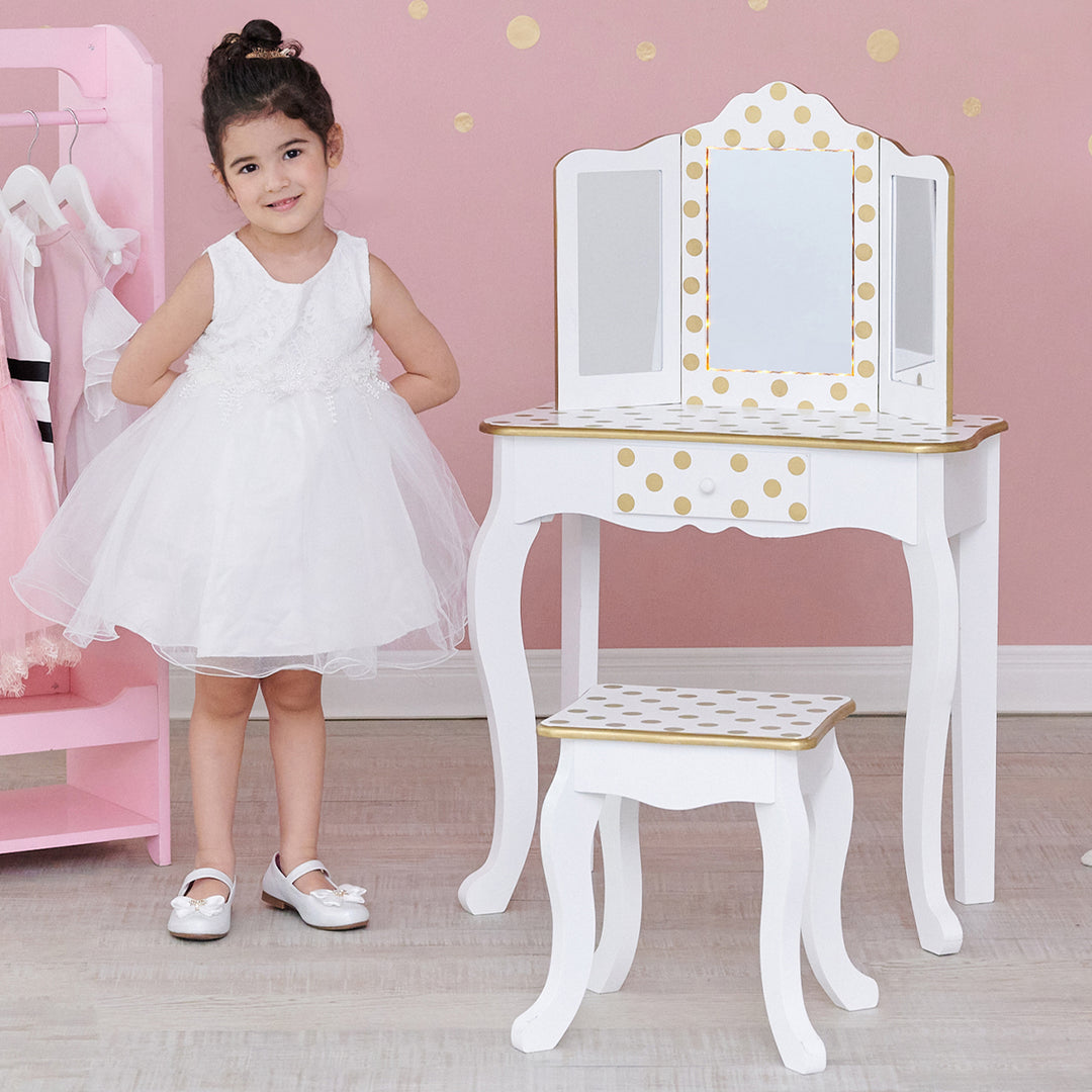 Teamson Kids Polka Dot Prints Gisele Vanity Playset with LED Mirror, White/Gold