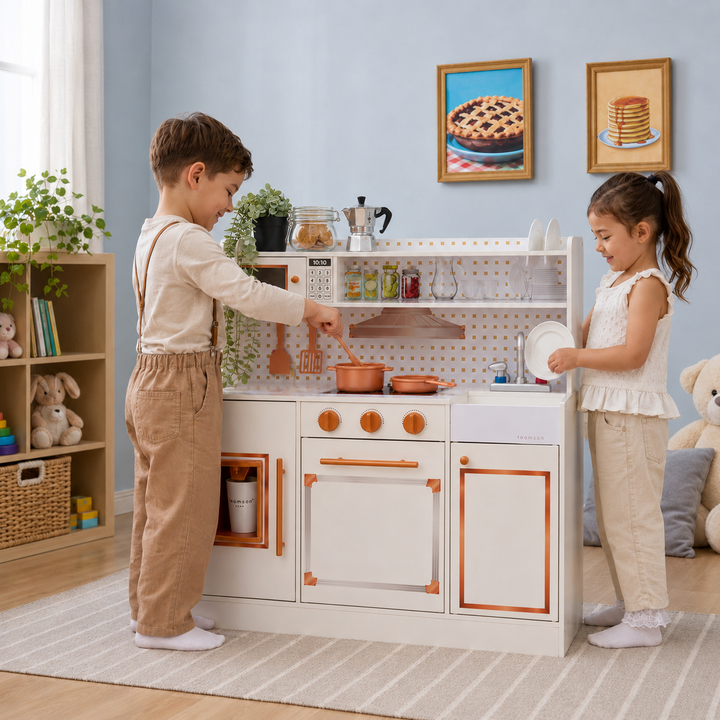 Teamson Kids Wooden Play Kitchen Set with 15 Accessories, Off-White, Retro-style Wooden Pretend Play Kitchen with Ice Dispenser, Oven, Microwave, Sink Little Chef St. Louis