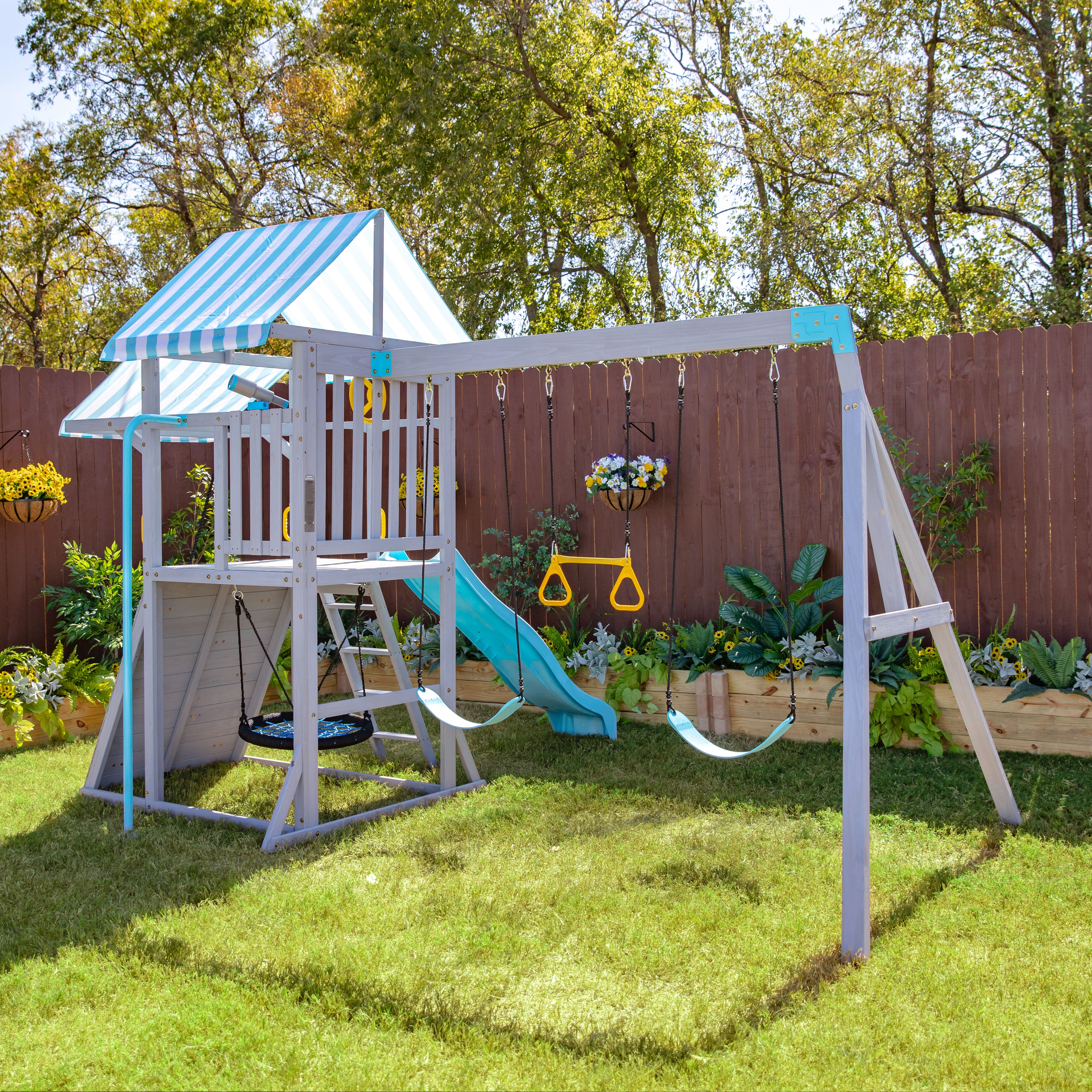 Teamson Kids Laguna Swing Set Playset with Platform & Rock Wall