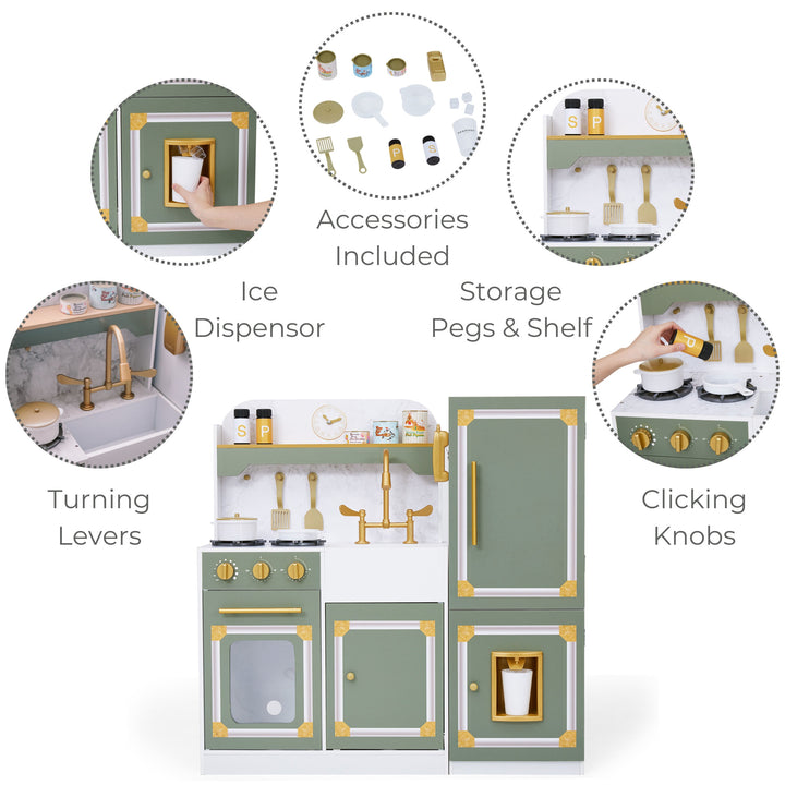 Callouts for a play kitchen - turning levers ice dispenser, accesories included, storage options and clicking knobs