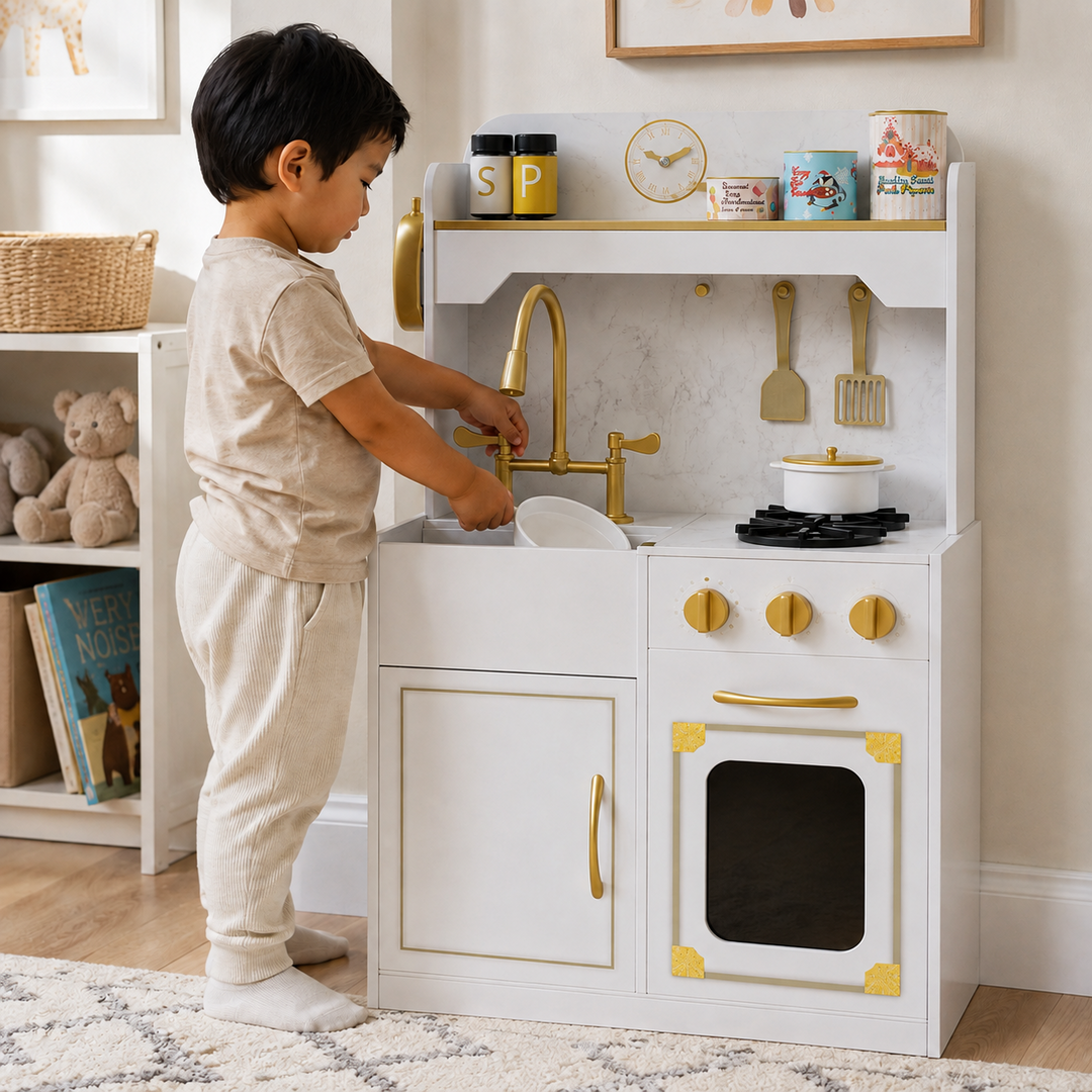 Teamson Kids Small Play Kitchen Set with Refrigerator, 17 Accessories, Storage Interactive White Pretend Play Wooden Kitchen with Gold Tap /Faux Marble Furnishings - Little Chef Versailles