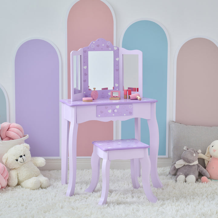 Classic Hearts Prints Gisele Wooden Play Vanity Set wit Three Way Mirror & Stool for Pretend Play by Teamson Kids
