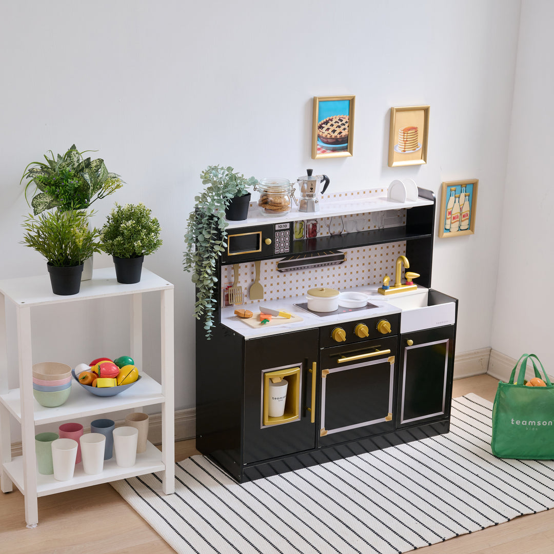 2-Pcs Wooden Play Kitchen with 15 Accessories, Black - Little Chef St. Louis by Teamson Kids