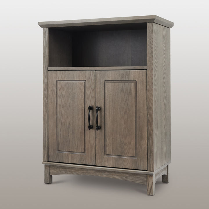 A gray wood floor cabinet with an open shelf and two door cabinet below