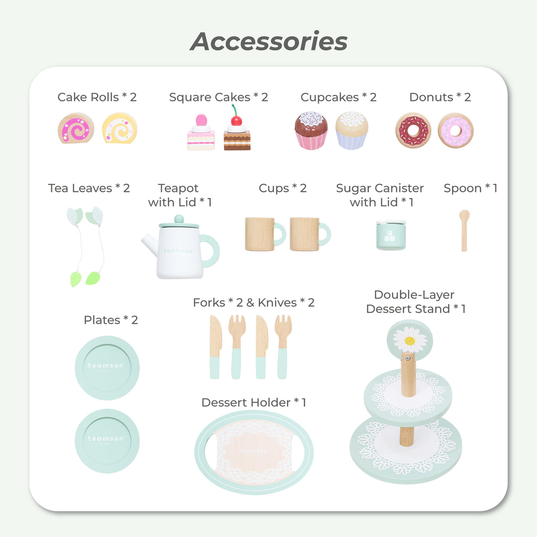 Afternoon Sip Wooden Dessert Cart with 24 Play Food Pieces for Pretend Play by Teamson Kids