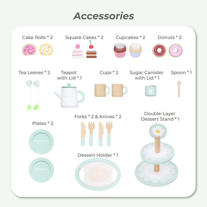 Afternoon Sip Wooden Dessert Cart with 24 Play Food Pieces for Pretend Play by Teamson Kids
