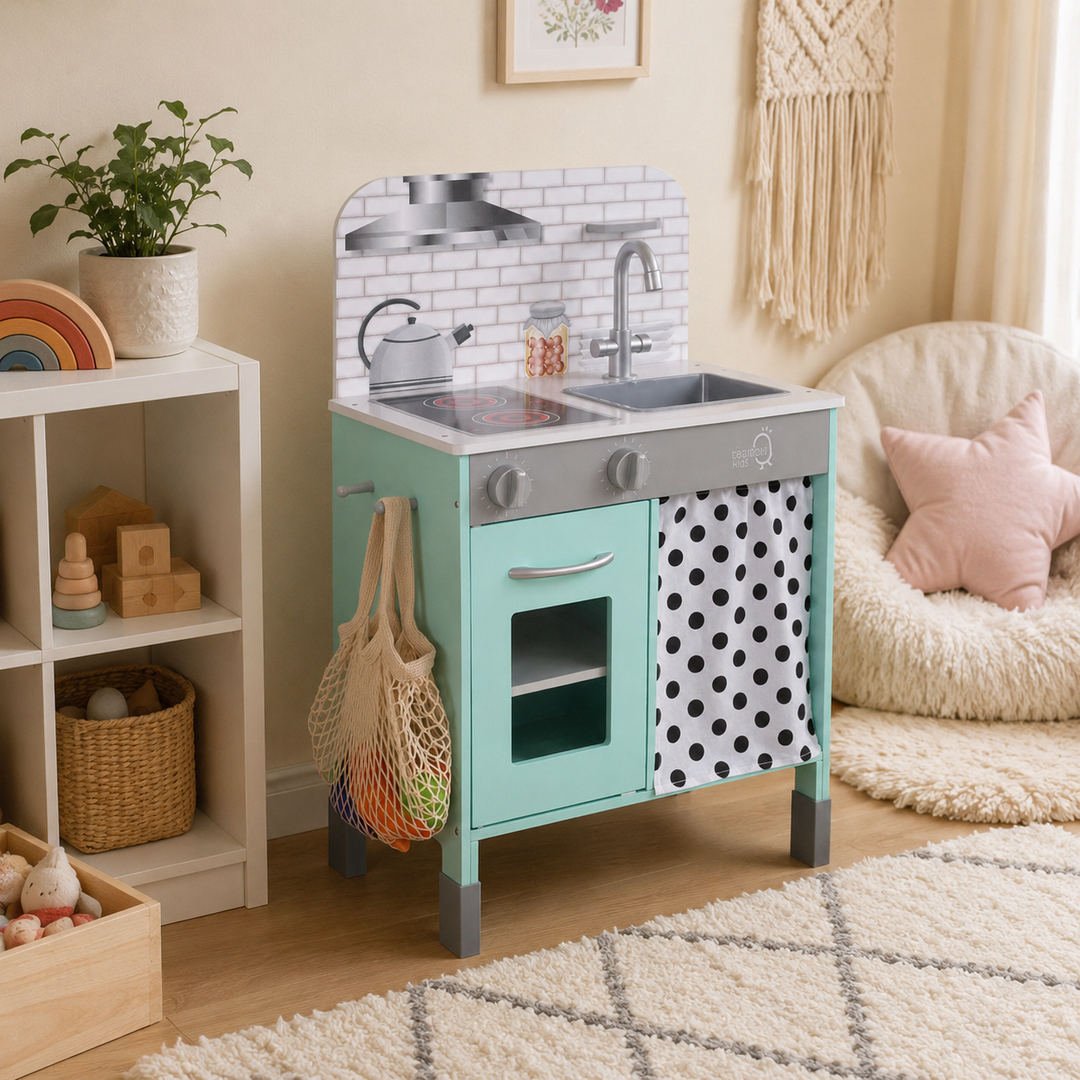Teamson Kids Little Chef Philly Adjustable Wooden Play Kitchen with 2 Height Settings, Clicking Knobs, Faucet, Cabinet, Shelf, Side Pegs, Compact Design, Pretend Play, Ages 3+