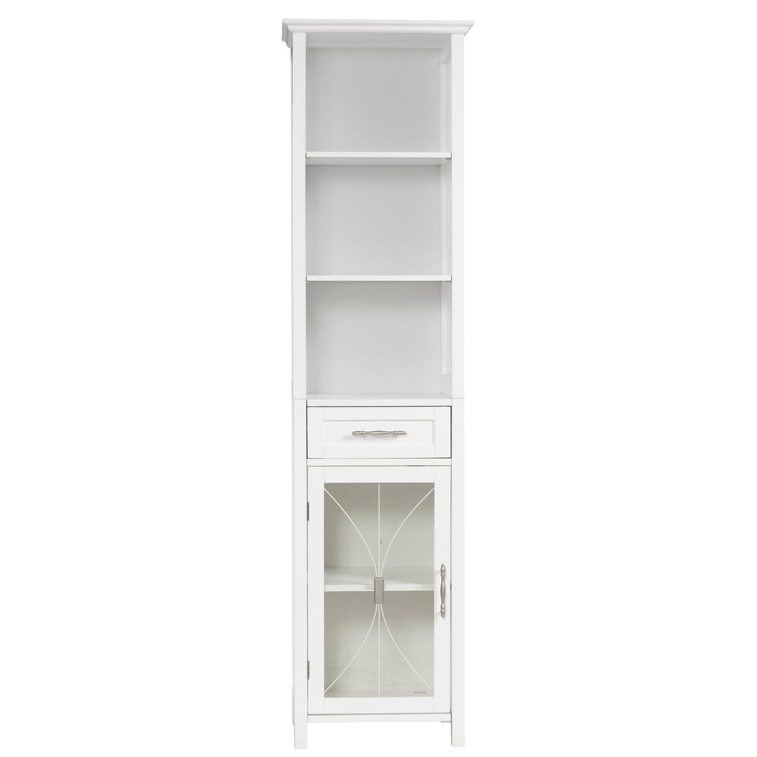 A tall white linen cabinet with three shelves, a drawer and a cabinet with glass door