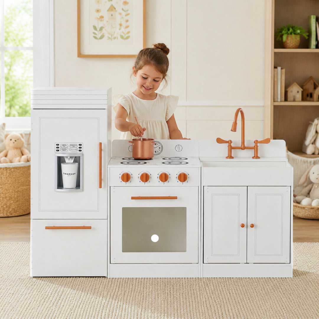 Teamson Kids Little Chef Paris Large Modular Wooden Play Kitchen with Fridge, Oven, Sink, Cabinets, Cooktop, Multiple Layouts and Accessories