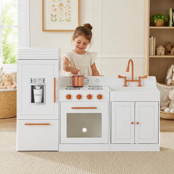 Teamson Kids Little Chef Paris Large Modular Wooden Play Kitchen with Fridge, Oven, Sink, Cabinets, Cooktop, Multiple Layouts and Accessories