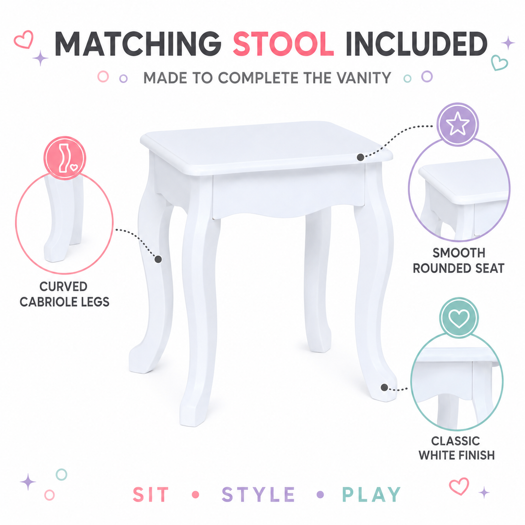 Teamson Kids Wooden Kids Vanity Table and Stool Set, Brilliant White, Modern Pretend Play Set with Shatterproof Acrylic Mirror, 3 Storage Drawers, Jewelry Hooks Little Princess Anna