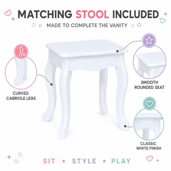 Teamson Kids Wooden Kids Vanity Table and Stool Set, Brilliant White, Modern Pretend Play Set with Shatterproof Acrylic Mirror, 3 Storage Drawers, Jewelry Hooks Little Princess Anna