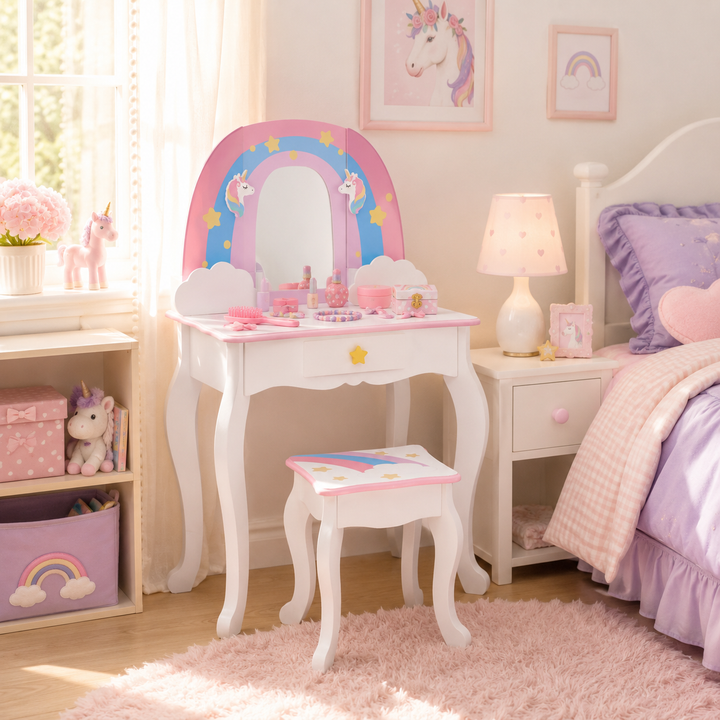 Teamson Kids Little Dreamer Rainbow Unicorn Wooden Play Vanity Set with Acrylic Mirror, Jewelry Pegs, Three Storage Spaces, Matching Stool, Rounded Corners, Non-Toxic Paint and Pastel Finish, Ages 3+