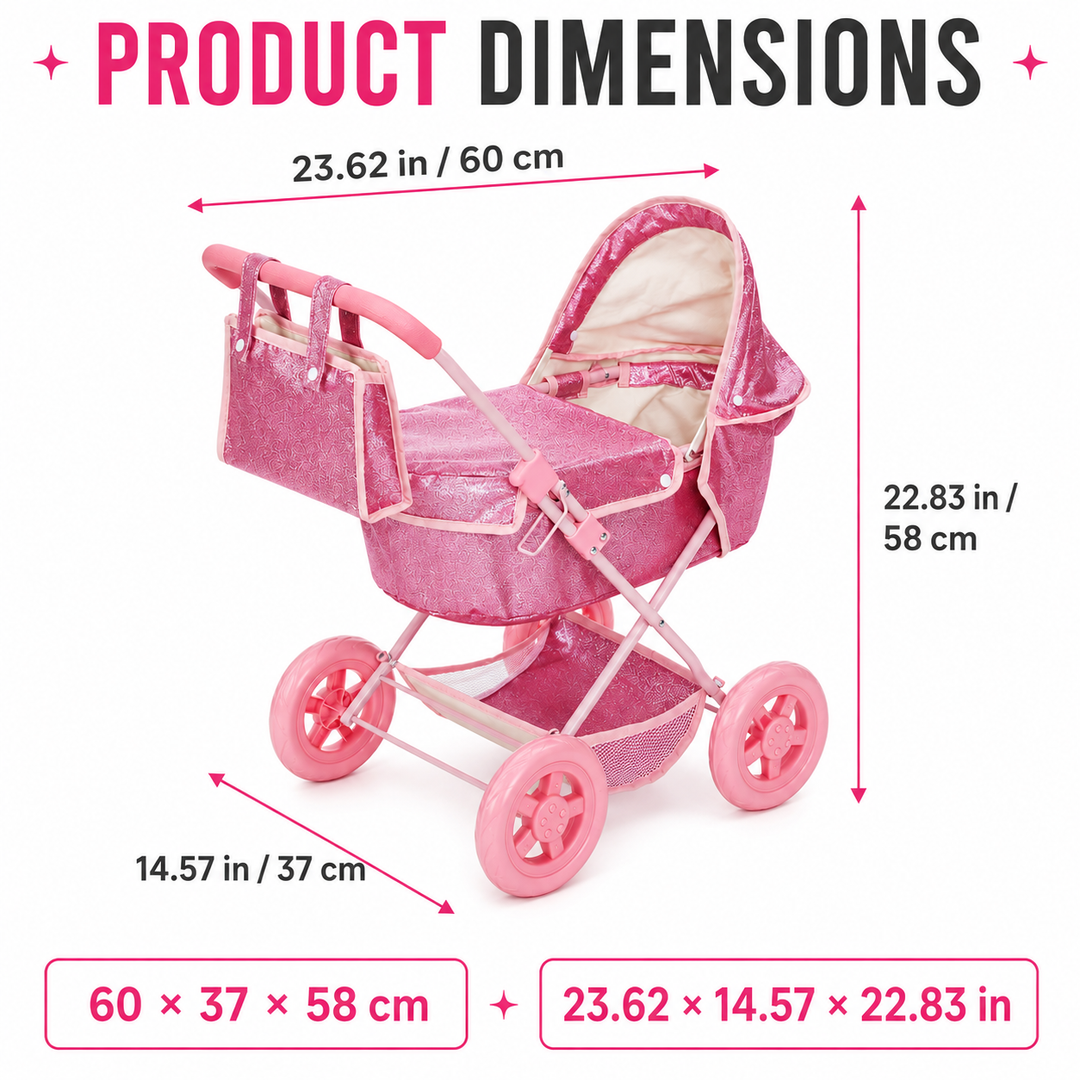 Olivia's Little World Baby Doll Bassinet Pram with Cover, Glitter Pink Doll Stroller with Retractable Canopy, Handle, Doll Seatbelt , All-terrain Wheels and Under Pram Storage for Doll Accessories