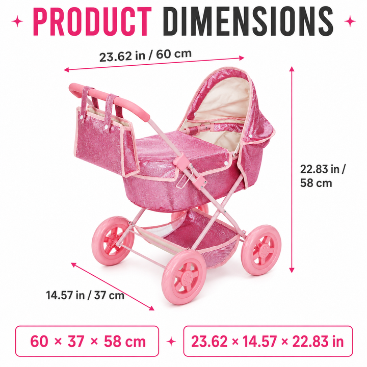 Olivia's Little World Baby Doll Bassinet Pram with Cover, Glitter