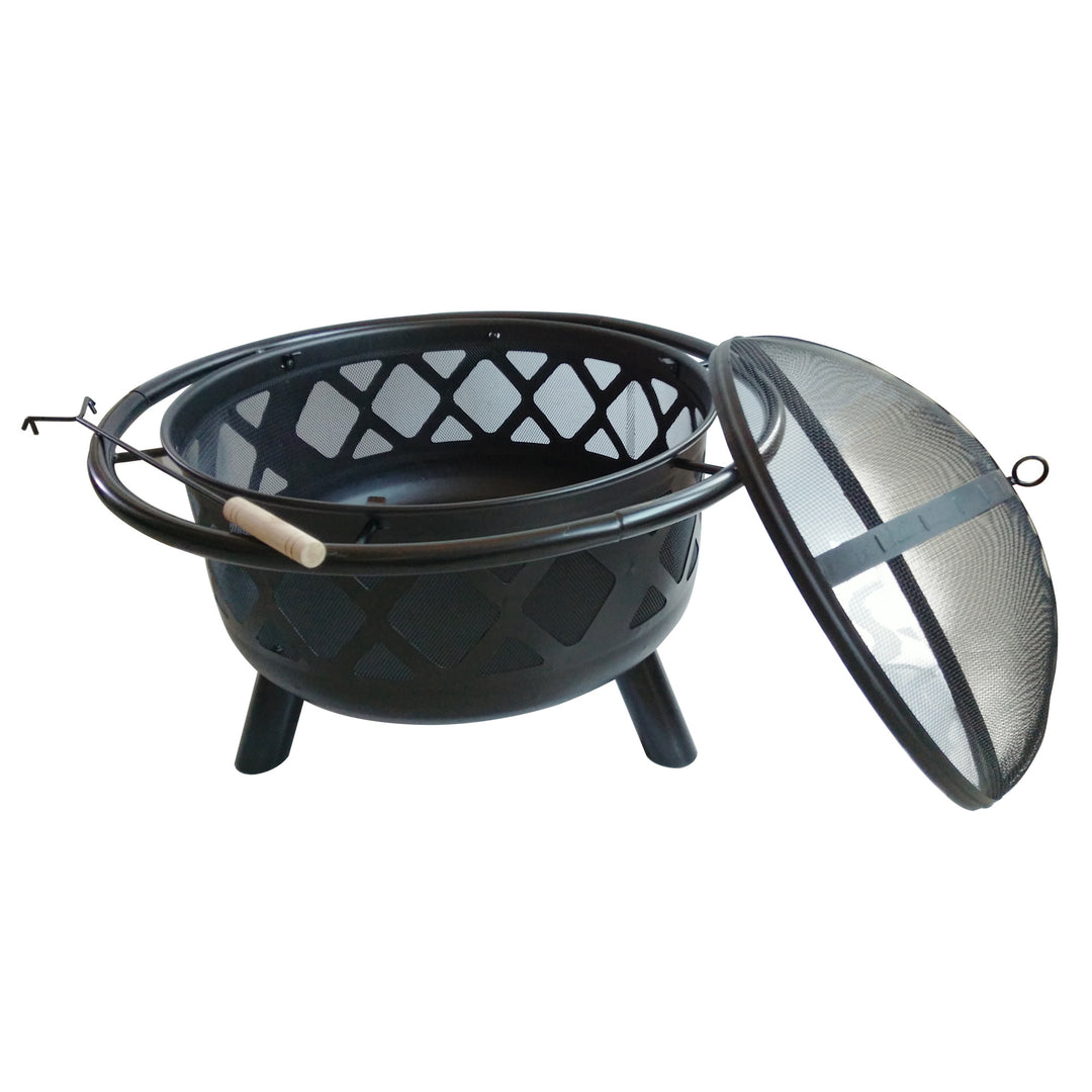 Black mesh firepit with protective screen and poker