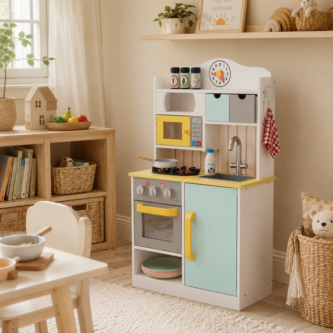 Teamson Kids Little Chef Florence Compact Wooden Play Kitchen with Oven, Microwave, Sink, Half Fridge, Clicking Knobs, Storage, 5 Accessories, Pretend Play Set, Ages 3+, 35.5 Inches High