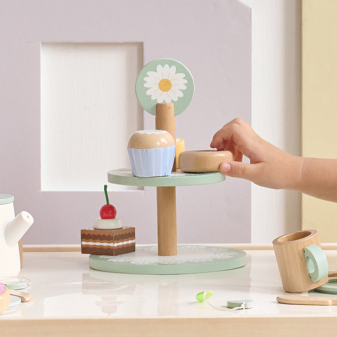Afternoon Sip Wooden Dessert Cart with 24 Play Food Pieces for Pretend Play by Teamson Kids