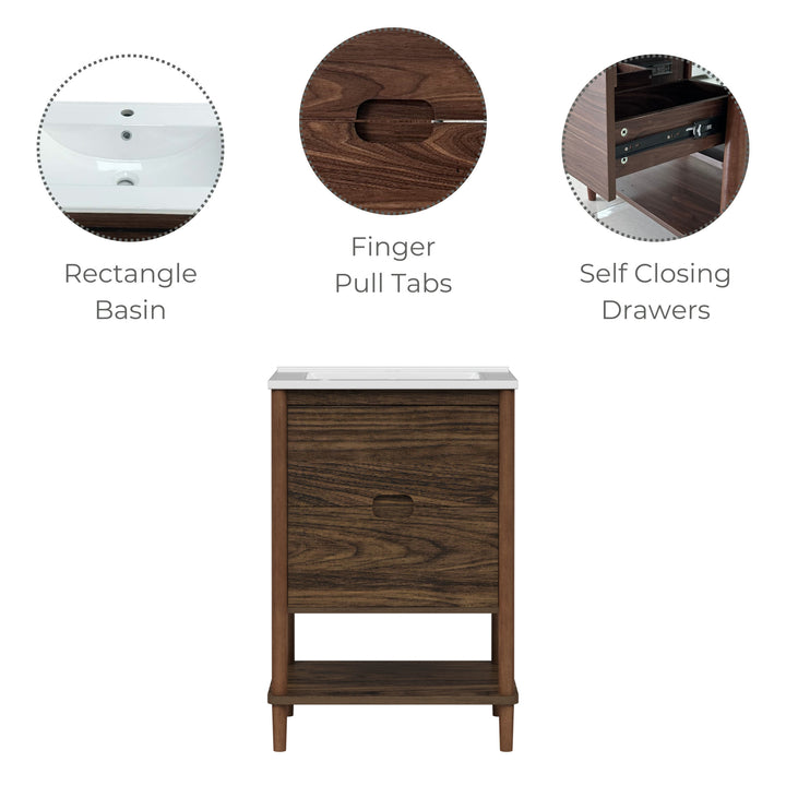 Teamson Home Ellery 24" Single Bathroom Vanity with Two Drawers, Walnut