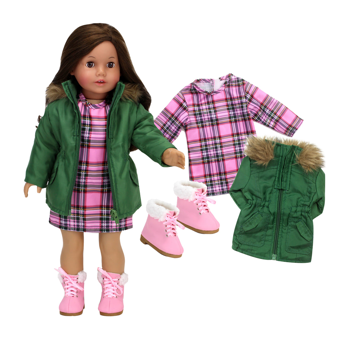 A brunette 18" doll in a pink plaid dress, pink boots and green parka