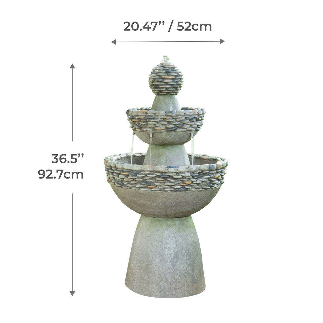 Dimensional graphic for a 3-tiered birdbath style water fountain with pebble accents in inches and centimeters