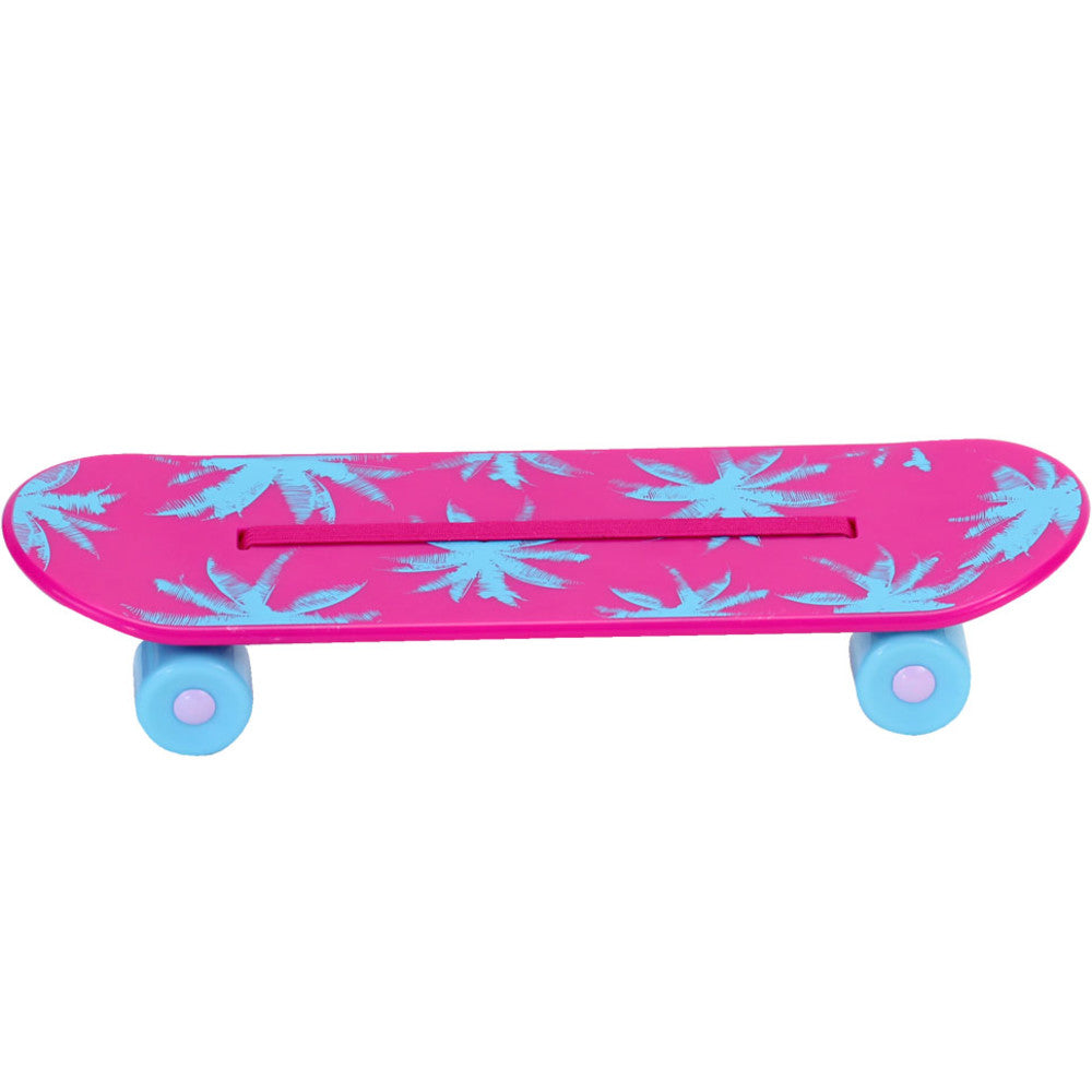 A pink skateboard with blue wheels and accents for an 18" doll.
