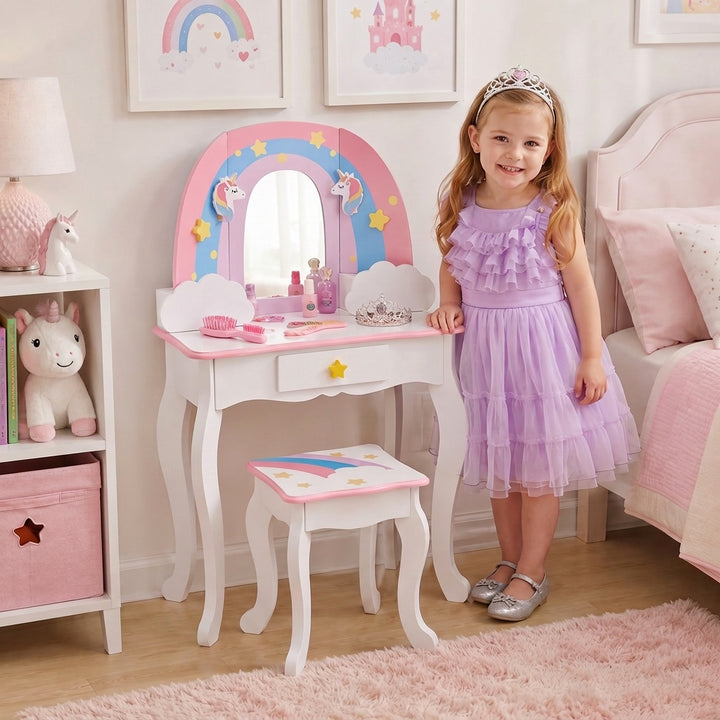 Teamson Kids Little Dreamer Rainbow Unicorn Wooden Play Vanity Set with Acrylic Mirror, Jewelry Pegs, Three Storage Spaces, Matching Stool, Rounded Corners, Non-Toxic Paint and Pastel Finish, Ages 3+
