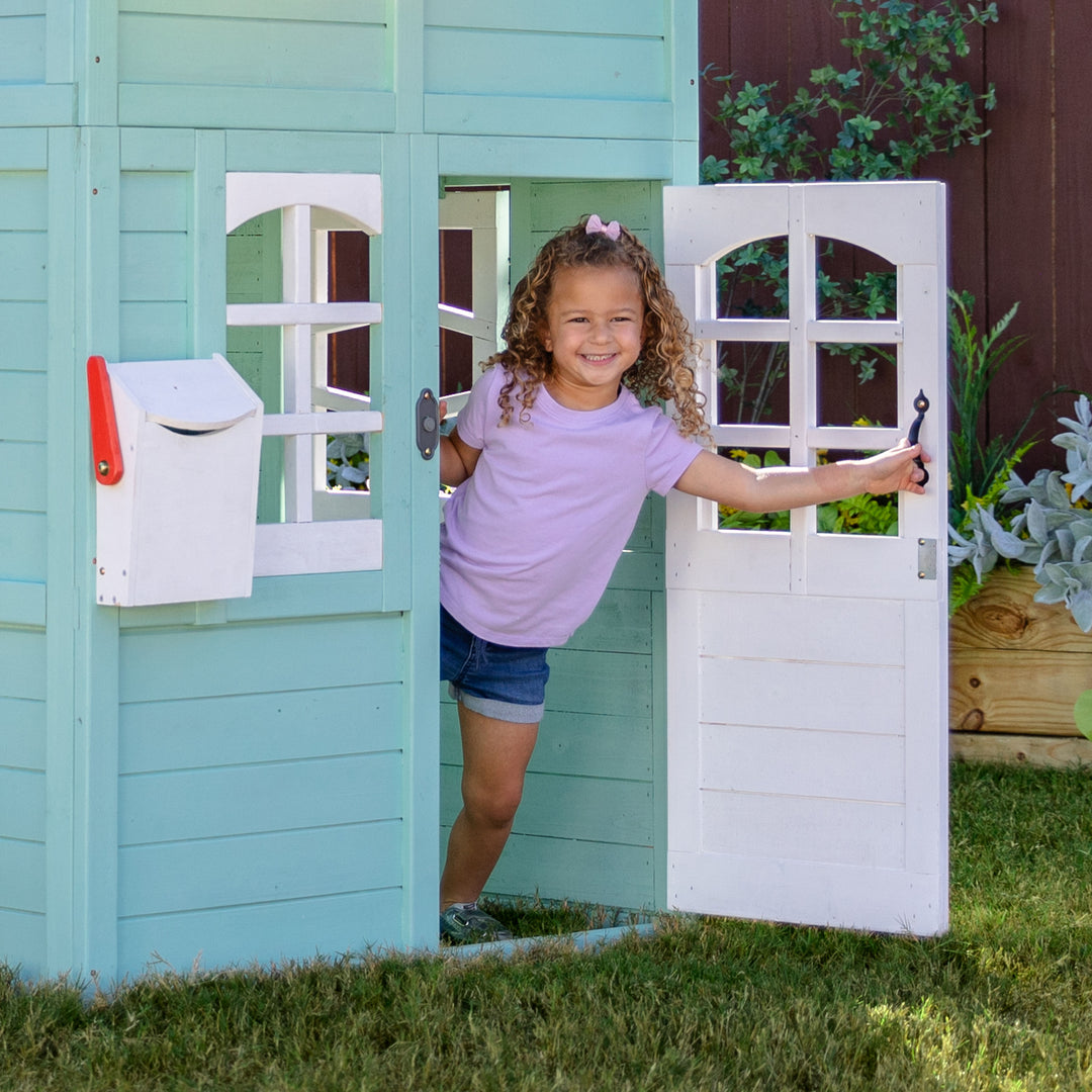 Teamson Kids Rainbow Shade Wooden Playhouse with Kitchen and Bench, Mint