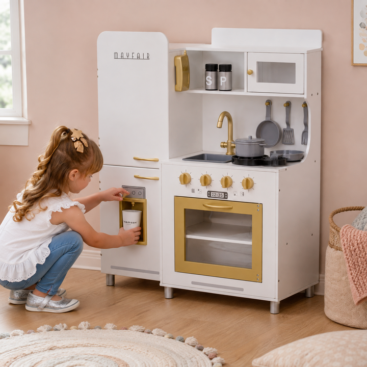Teamson Kids Play Kitchen Set with Light and Sound Effects, 12pc accessories, Interactive Ice Maker White Wooden Kitchen Pretend Play, Oven, Burner & Refrigerator -Little Chef Mayfair Retro