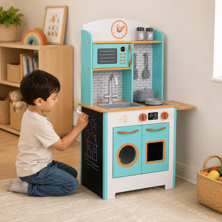 Teamson Kids Little Chef Santos Retro Small Play Kitchen with Microwave, Stove, Oven, Blackboards, Cookware Pieces, 7 Accessories