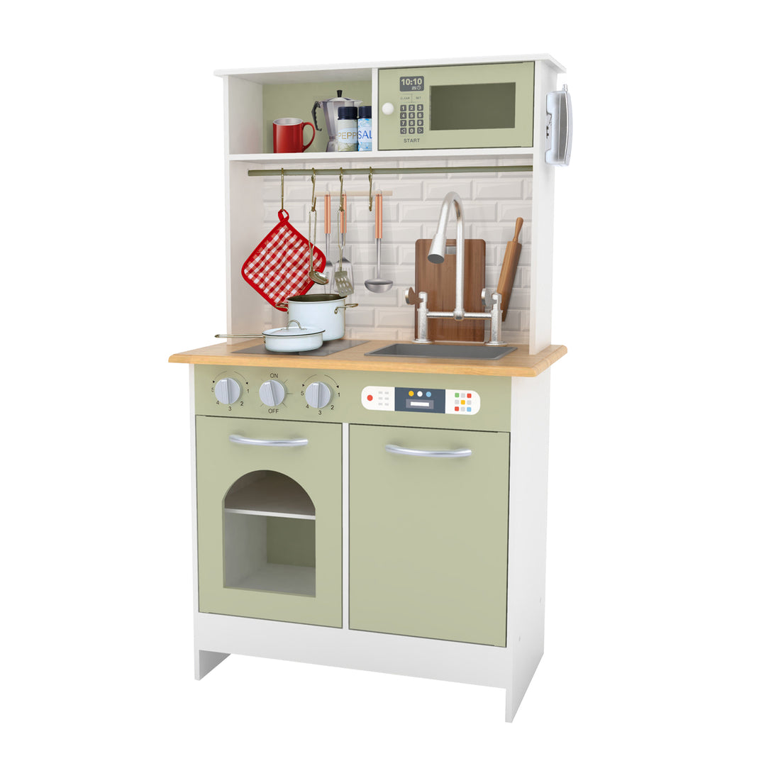 A kids' play kitchen with a faux tile backsplash in green and white