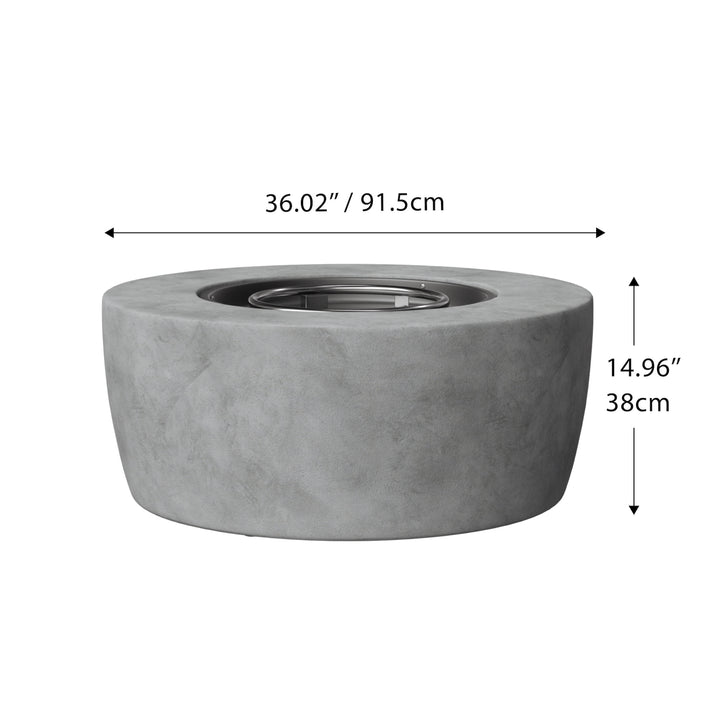Dimensional graphic of a faux concrete gas fire pit in inches and centimeters