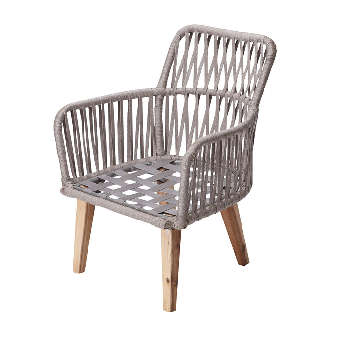 A gray woven outdoor chair with wooden legs