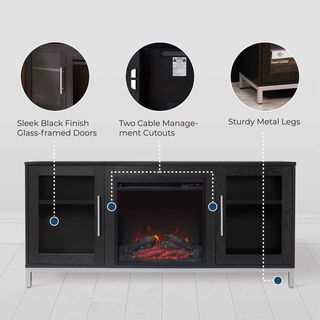 Infographic with callouts for black doors with glass panels, cable cutouts and metal legs