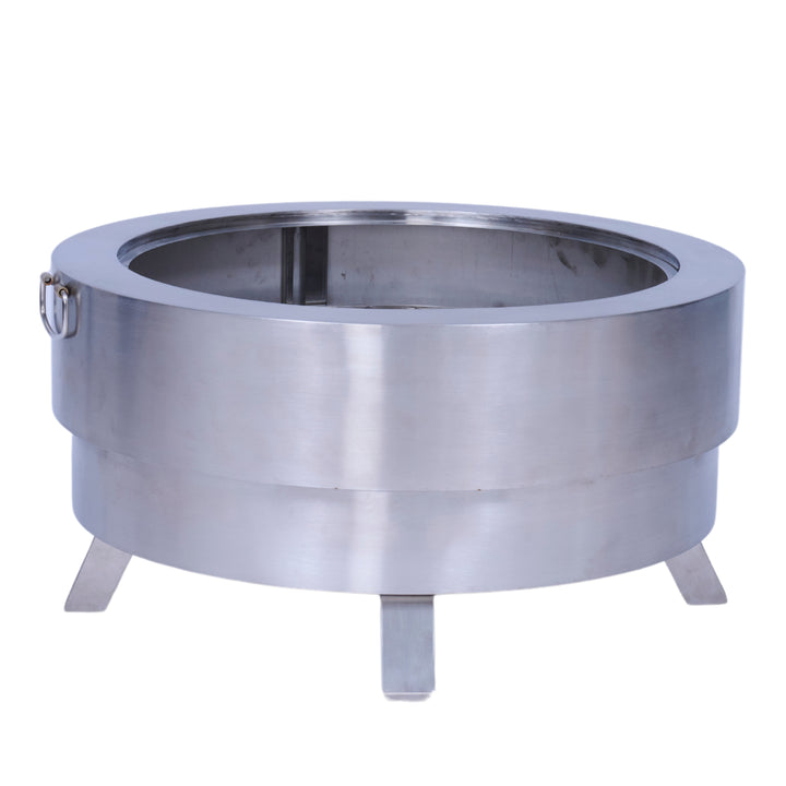 A stainless steel fire pit with a cylindrical design, featuring three sturdy legs and a handle on one side.
