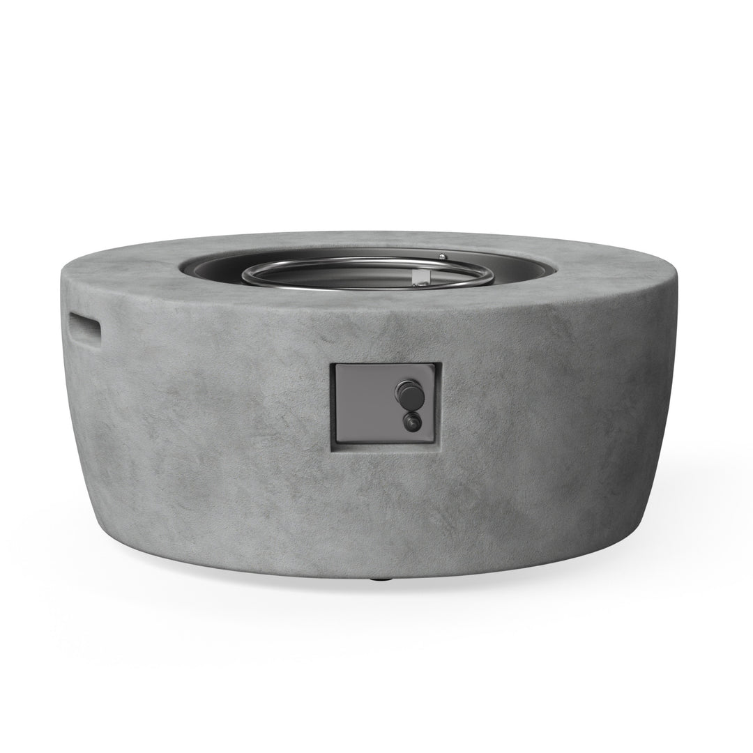 A faux concrete round gas fire pit with an electric ignition switch